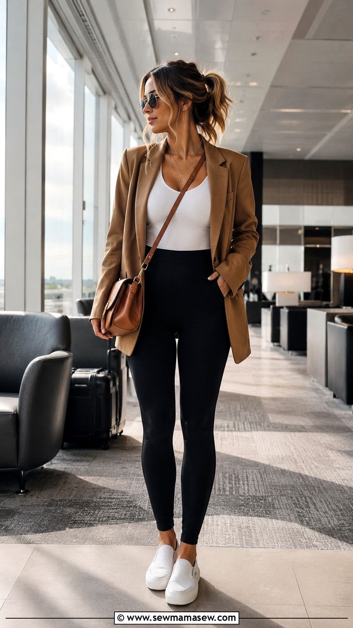 High Waisted Leggings with Oversized Blazer - 25 Airport outfit ideas for 12 hour flight