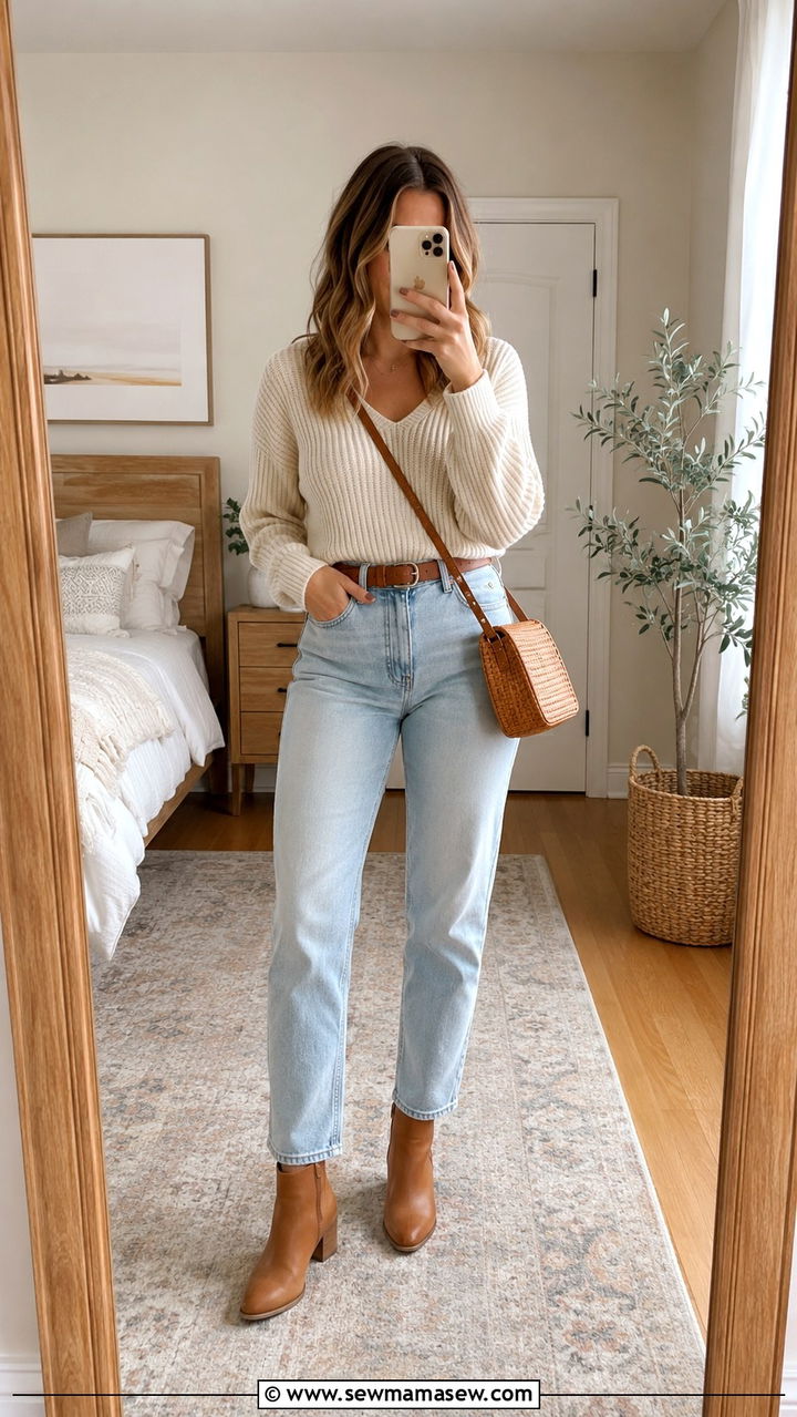 High Waisted Light Wash Jeans With Tan Ankle Boots - 30 High waisted jeans outfit ideas with boots