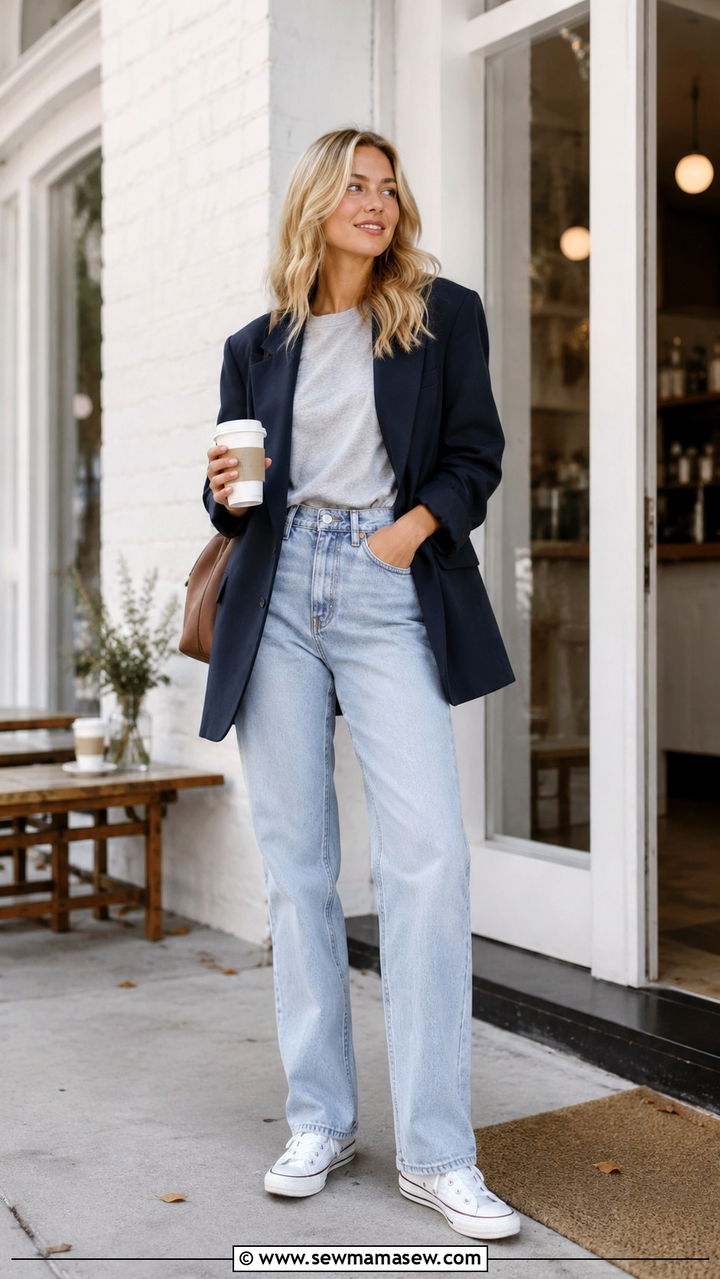 High Waisted Light Wash Jeans With White Canvas Sneakers - 30 High waisted jeans outfit ideas with flats