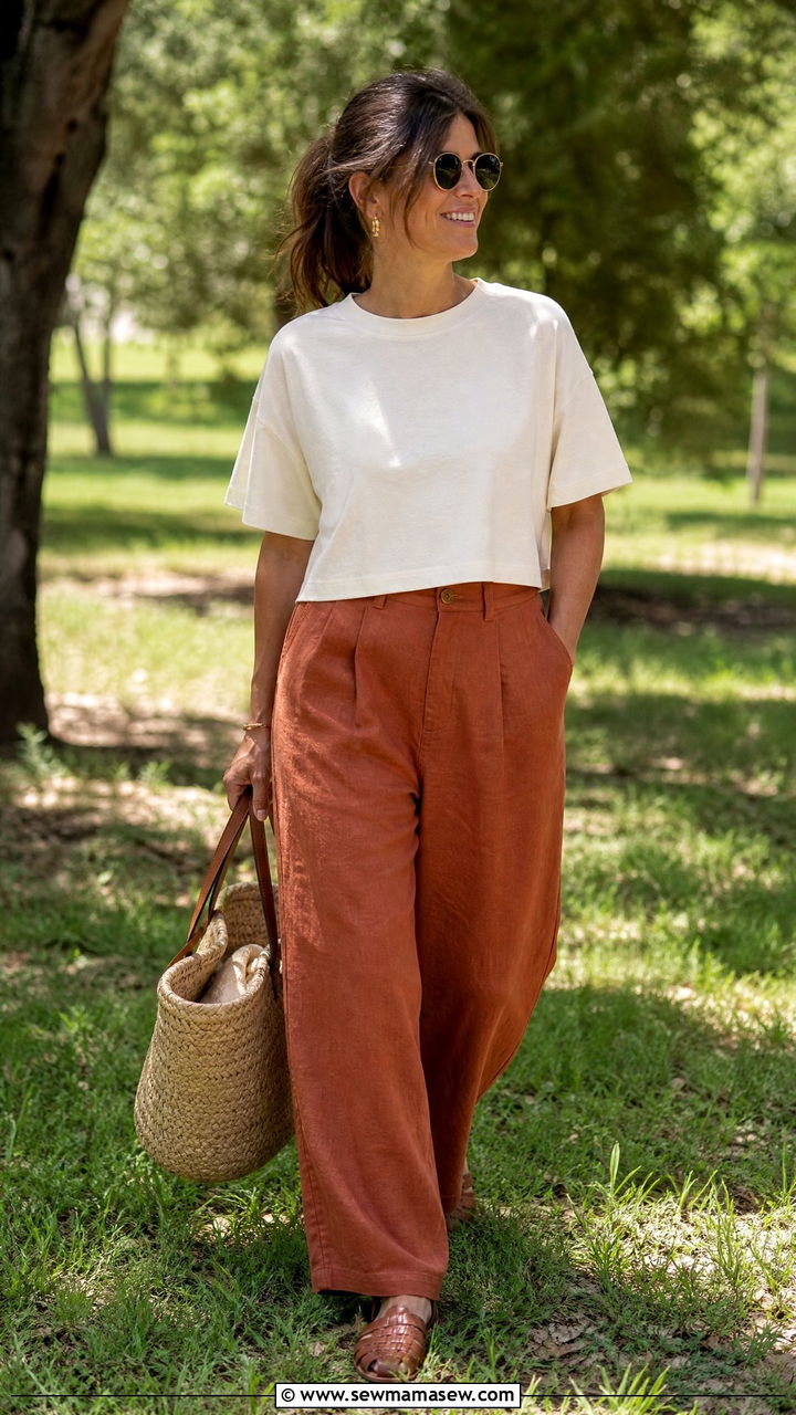 High Waisted Linen Pants Outfit With Boxy Tee - 30 linen pants outfits for women over 40