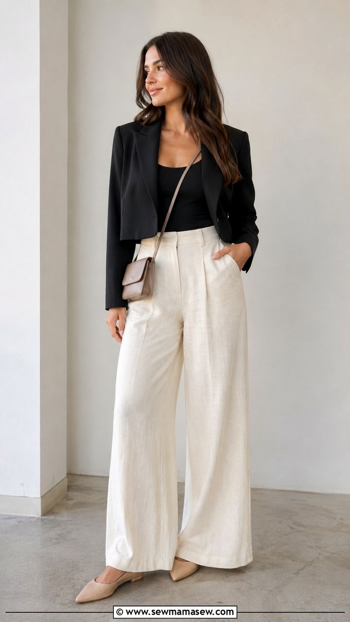 High Waisted Linen Pants With Cropped Blazer - 30 Linen pants outfit ideas with a blazer