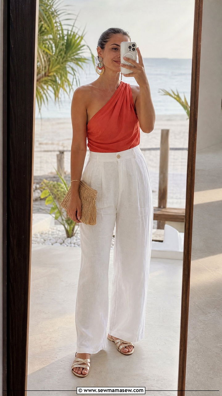 High Waisted Linen Pants With One Shoulder Top - 30 Linen pants outfit ideas for beach