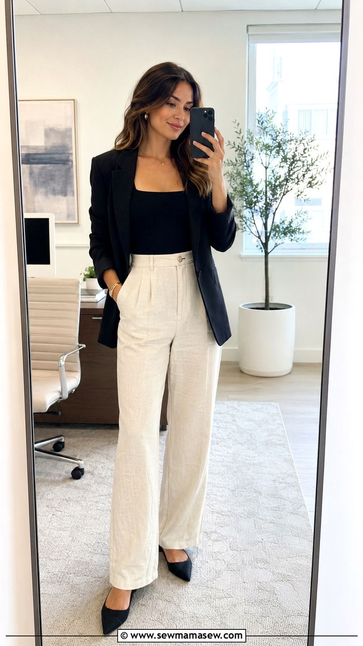 High Waisted Linen Pants with a Bodysuit - 30 Linen pants outfit ideas for work