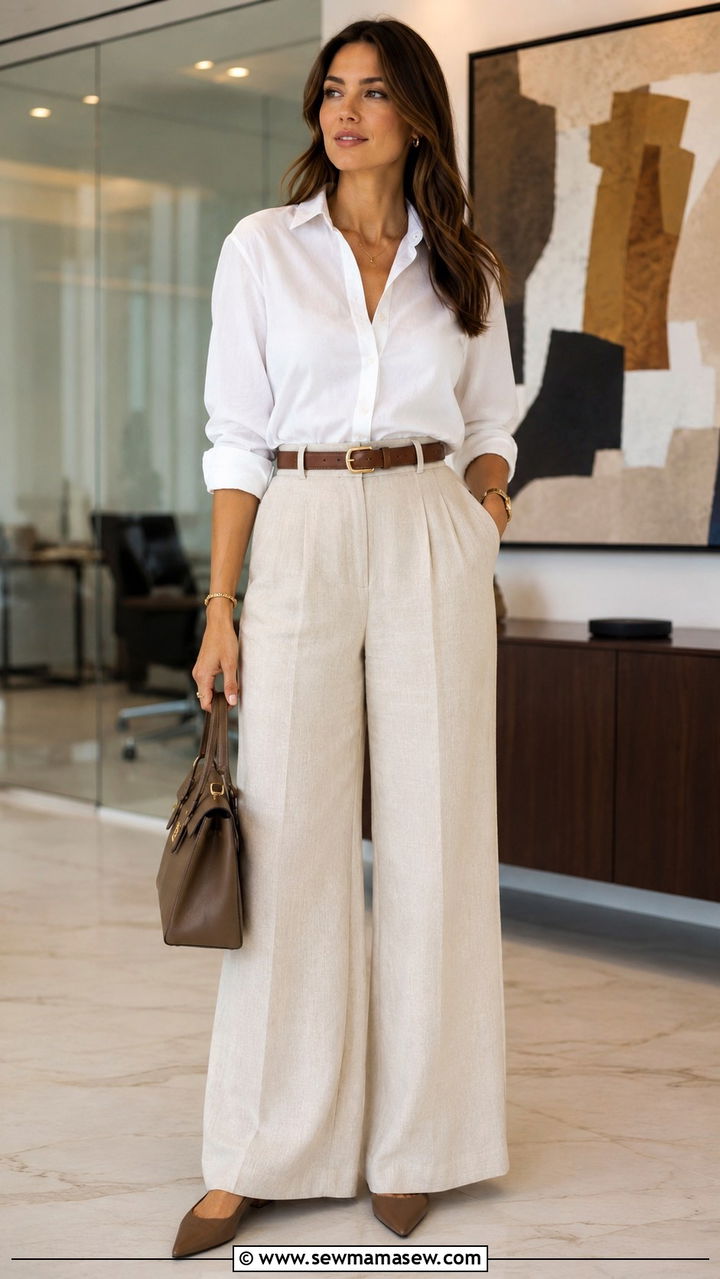 High Waisted Linen Pants with a Fully Tucked Button Down and Belt - 30 Linen pants outfit ideas with a button down
