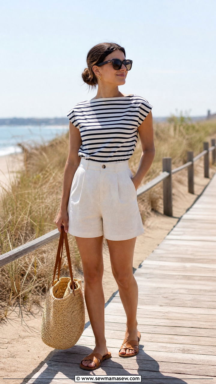 High Waisted Linen Shorts with Boatneck Top Outfit - 25 Petite outfit ideas under 5 feet