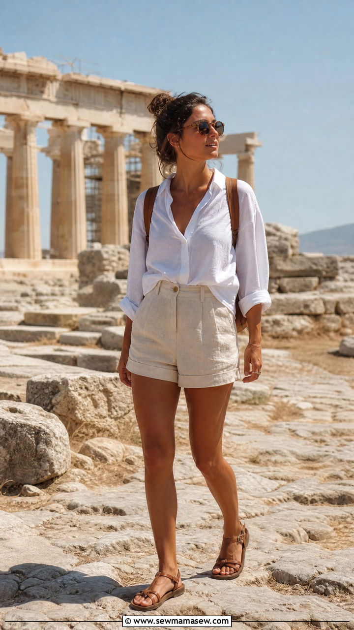 High Waisted Linen Shorts with Breezy Blouse - 30 Greek island outfits
