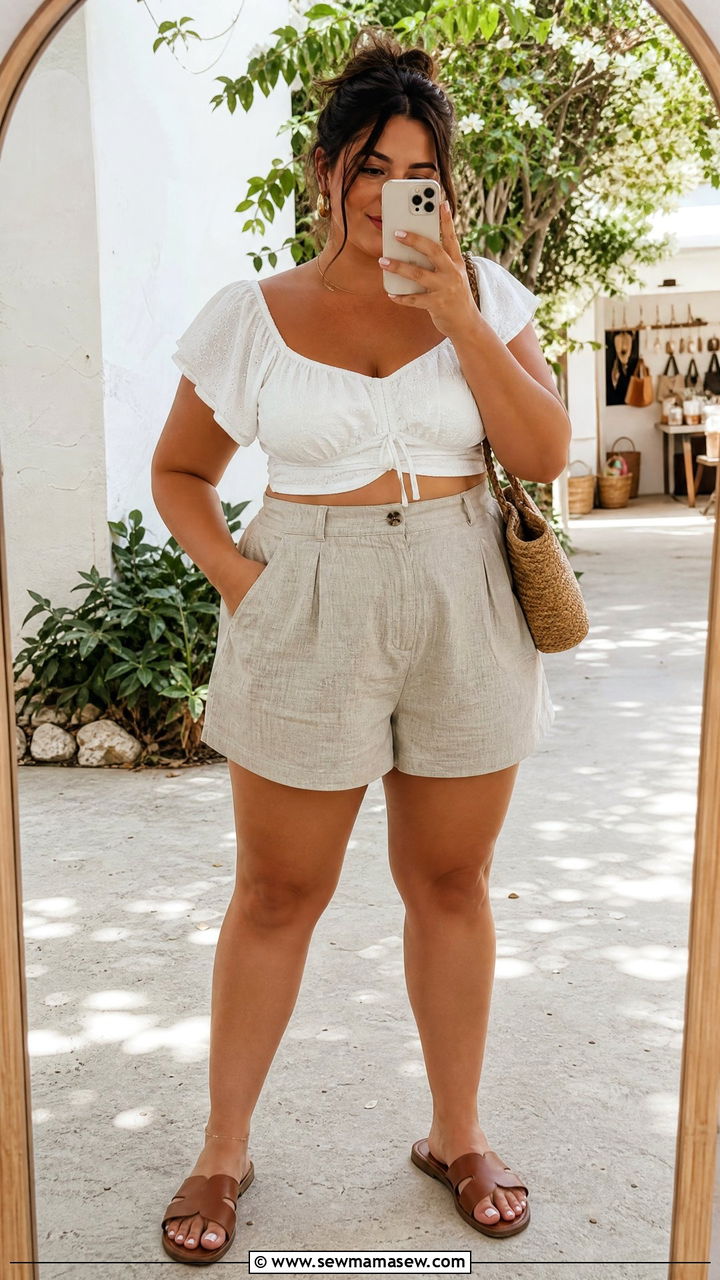 High Waisted Linen Shorts with Cropped Blouse - 30 Summer outfits for plus size