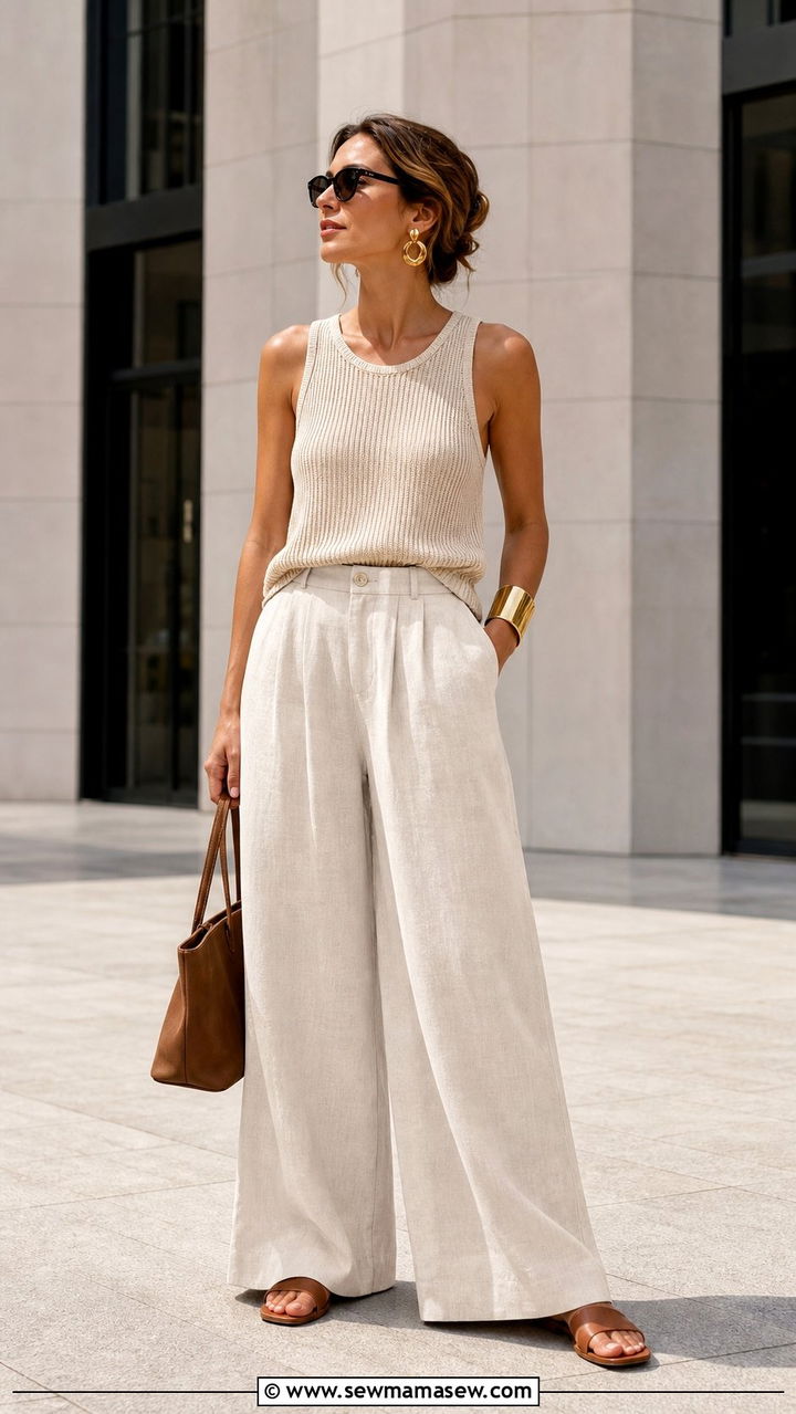 High Waisted Linen Trousers With Gold Cuff Bracelet - 25 Summer outfits with jewelry