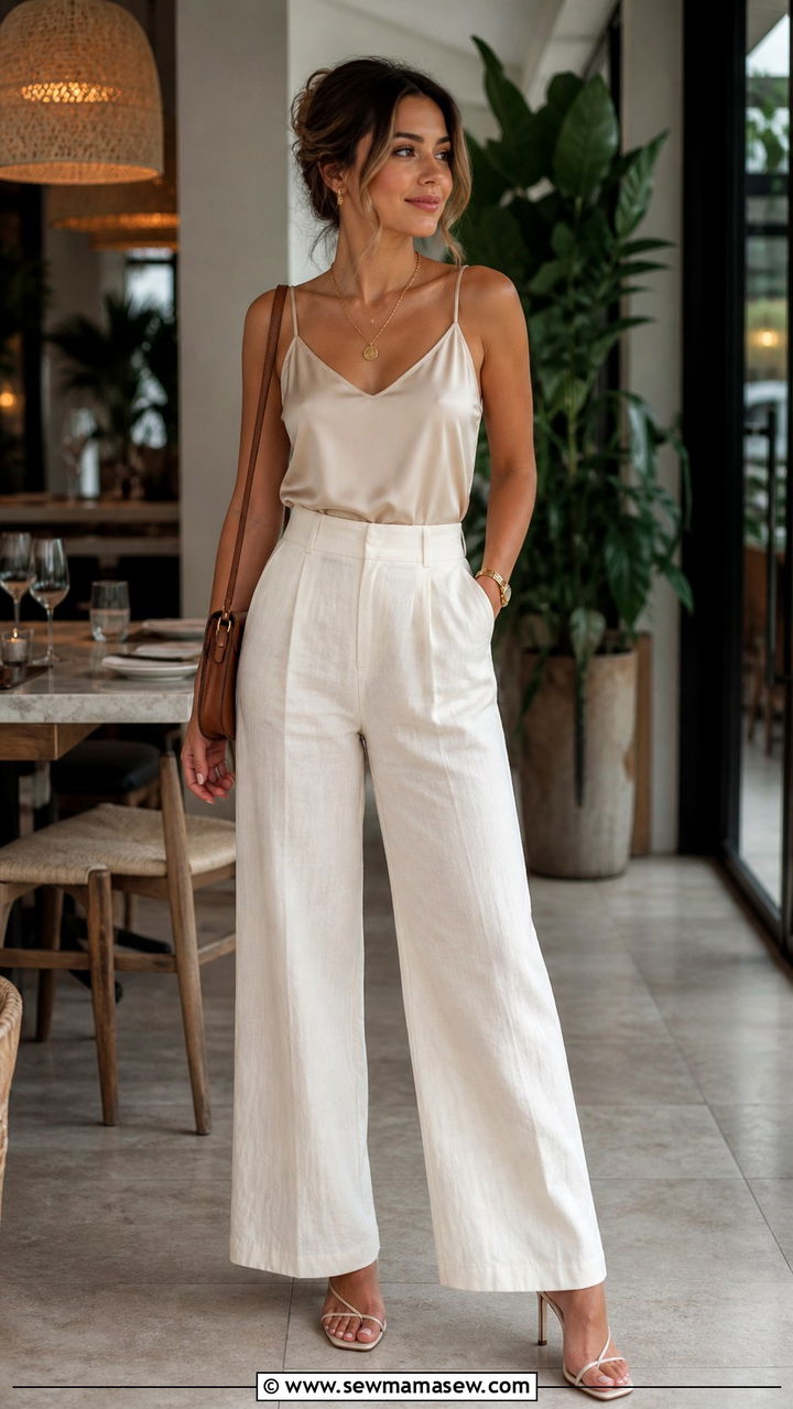 High Waisted Linen Trousers and Silk Cami Outfit - 40 Summer wardrobe staples