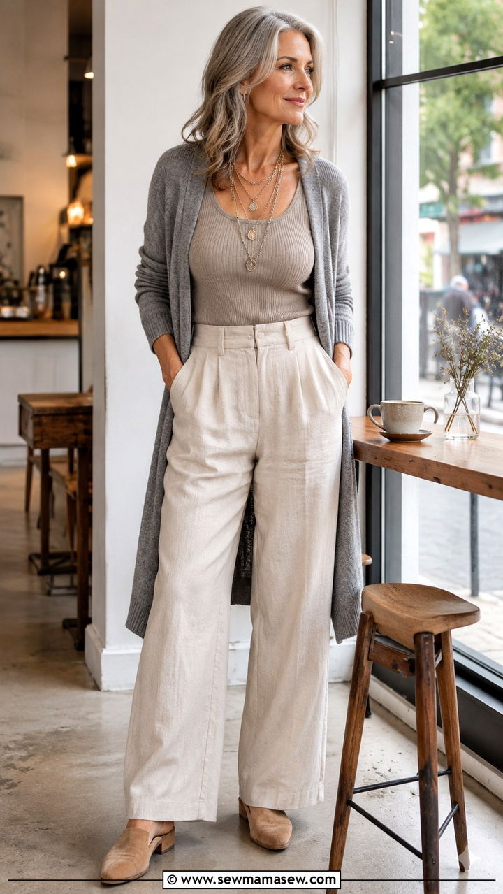 High Waisted Linen Trousers with a Knit Tank and Long Cardigan - 30 Linen pants outfit ideas for women over 50