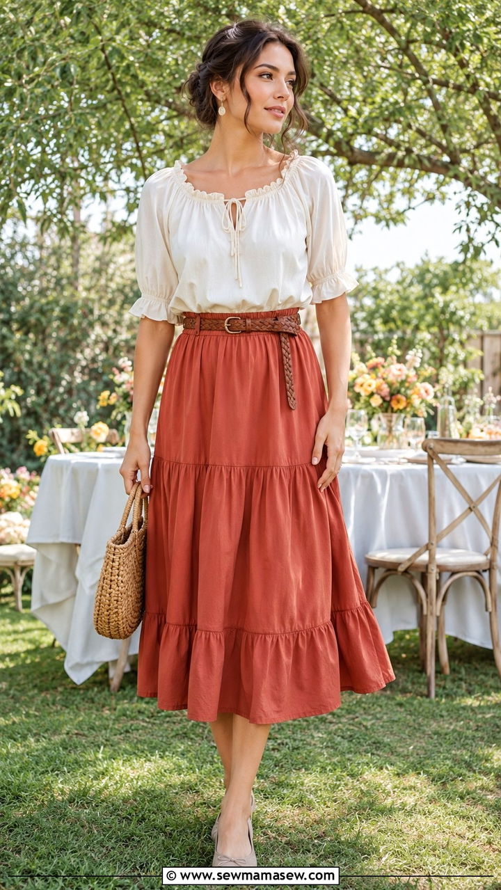 High Waisted Midi Skirt With Ruffled Blouse - 25 Boho outfit ideas with midi skirt