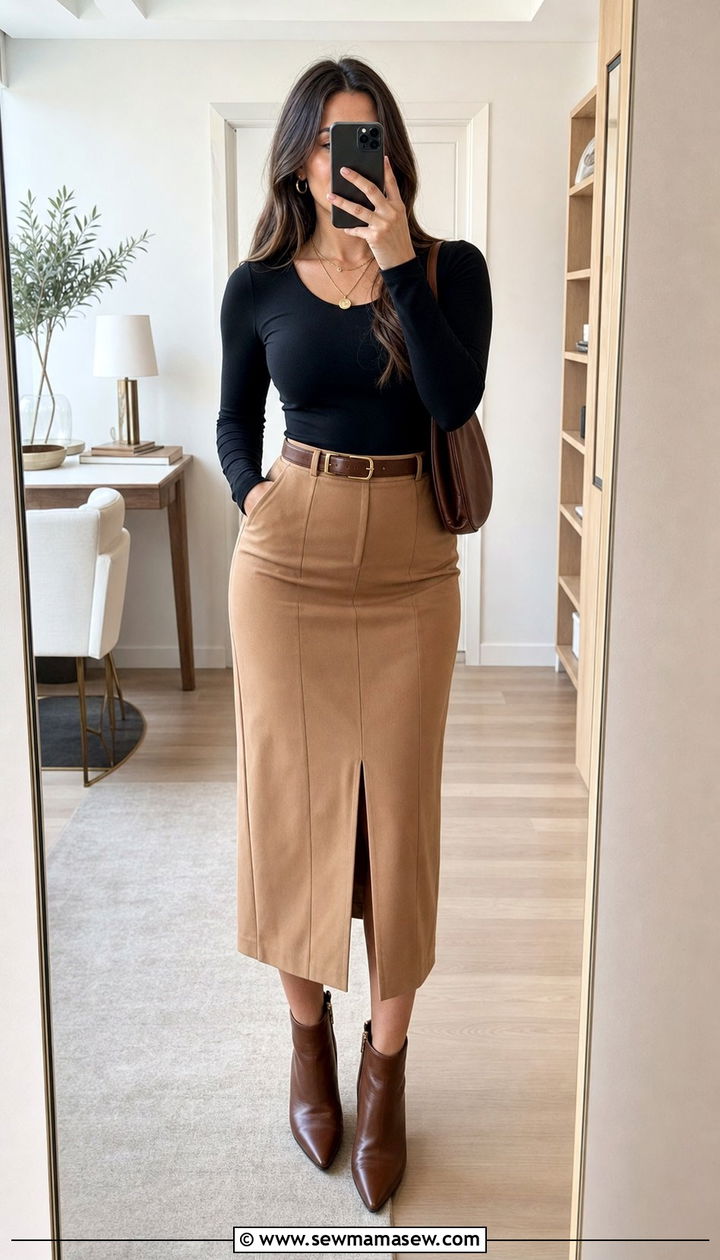 High Waisted Midi Skirt and Fitted Bodysuit Business Casual - 35 Business casual outfits for first job