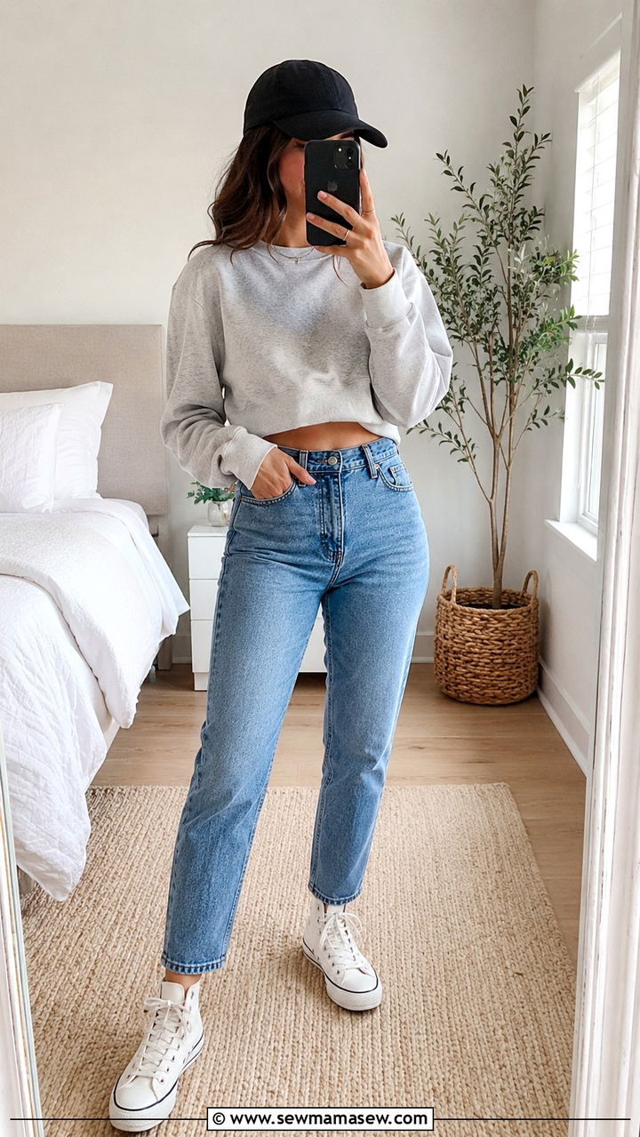 High Waisted Mom Jeans With Retro Sneakers - 30 High waisted jeans outfit ideas with flats