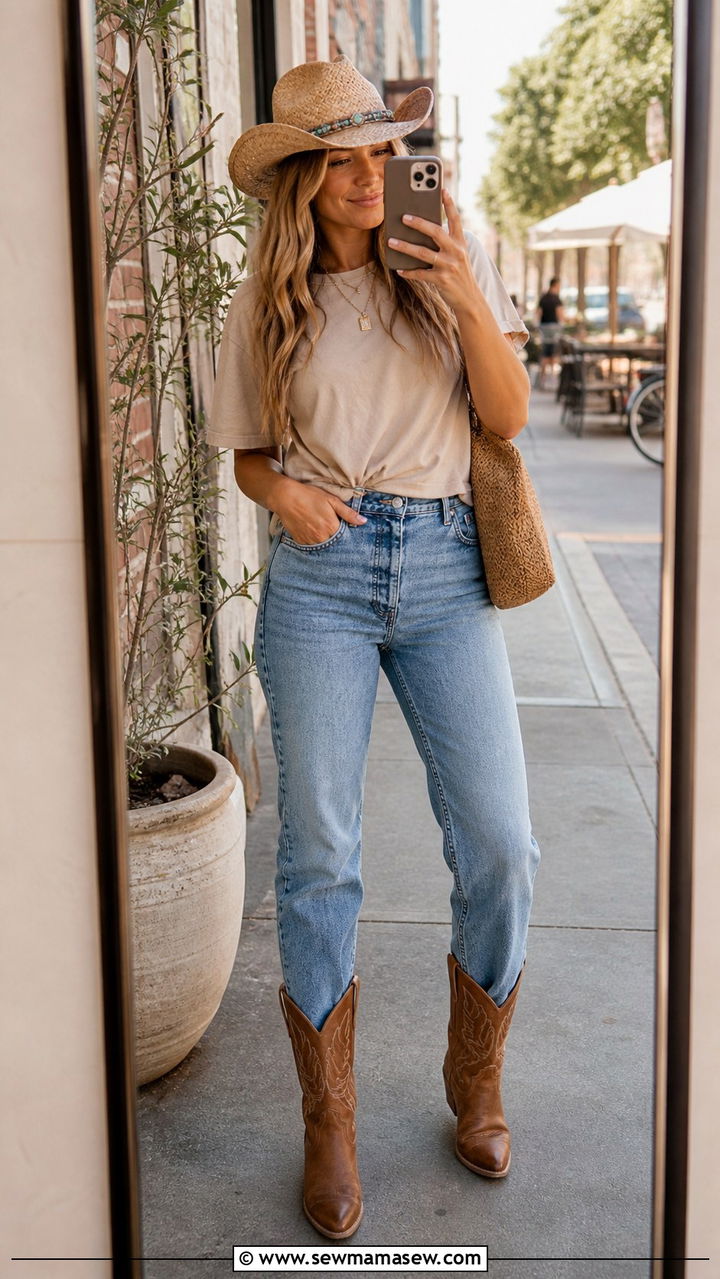 High Waisted Mom Jeans with Beige T Shirt and Cowgirl Hat - 20 cute coastal cowgirl outfits