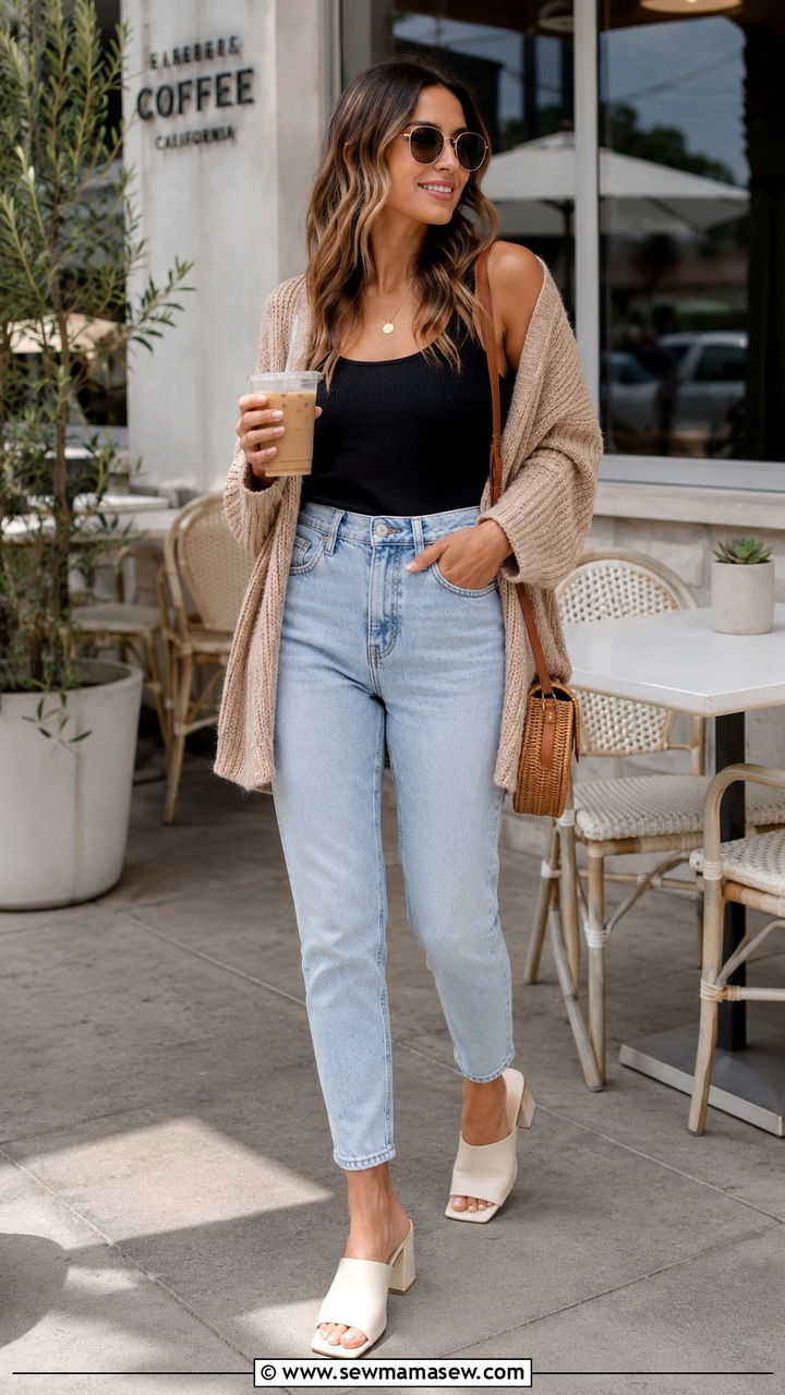 High Waisted Mom Jeans with Block Heel Mules - 30 High waisted jeans outfit ideas with heels