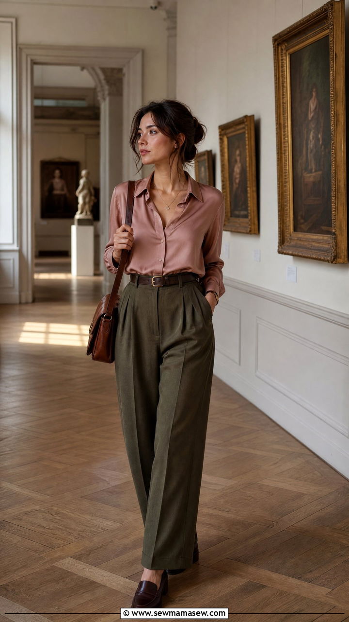 High Waisted Olive Trousers with Soft Silk Blouse - 30 summer dark academia outfits