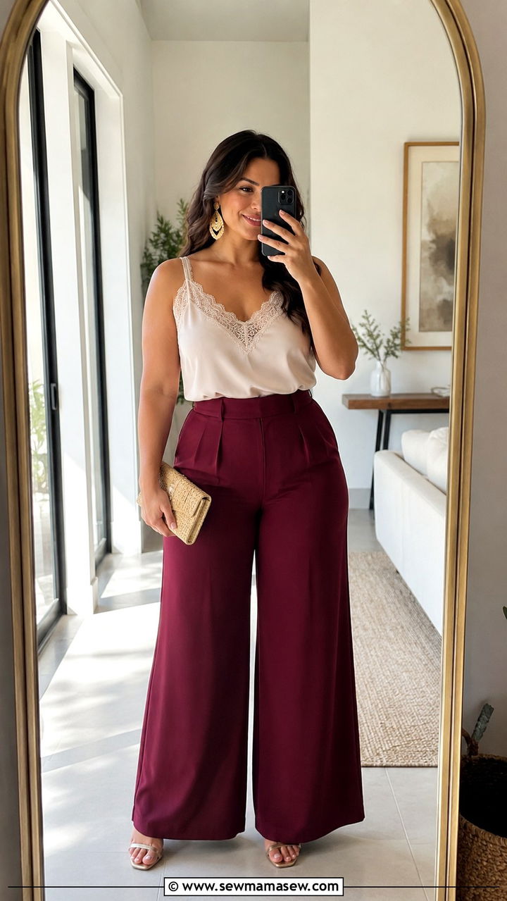 High Waisted Palazzo Pants With Lace Trim Blouse - 30 Boho outfits for curvy women