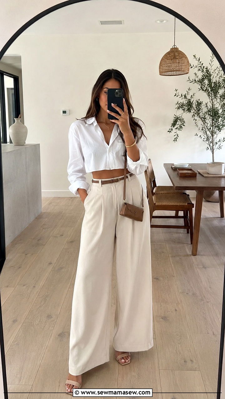 High Waisted Palazzo Pants with Cropped Blouse - 30 how to style palazzo pants