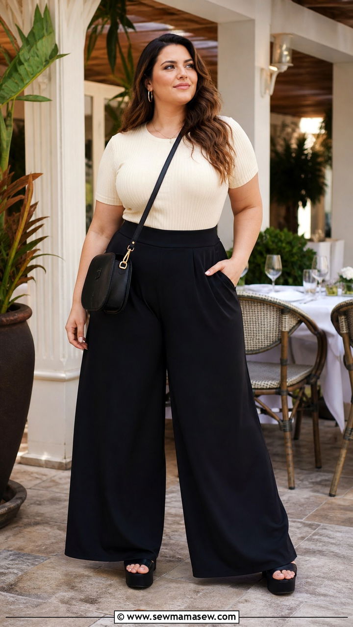 High Waisted Palazzo Pants with Fitted Knit Top - 20 Outfit ideas for apron belly