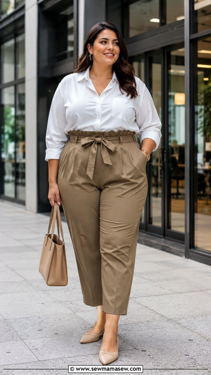 High Waisted Paperbag Trousers With White Button Up Shirt - 30 Plus size office outfits