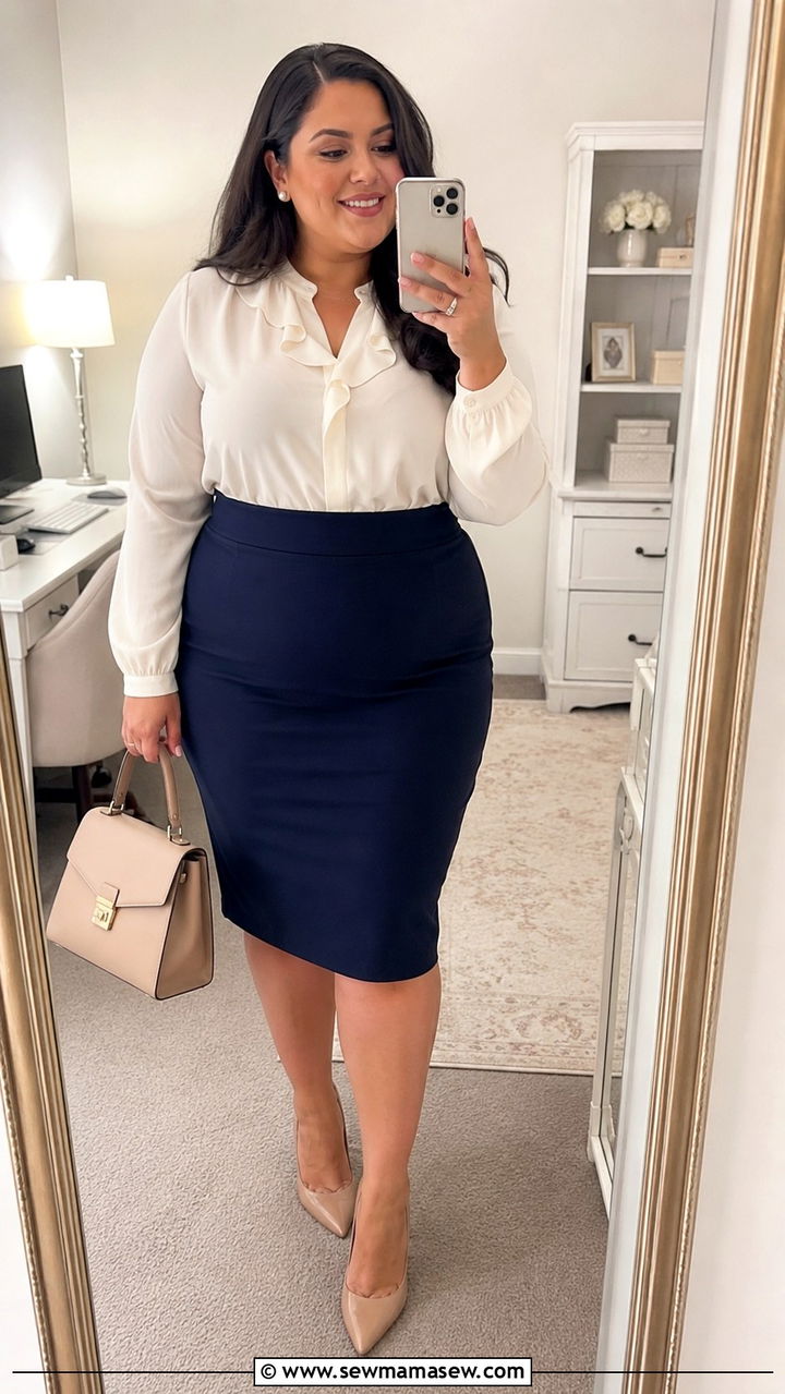 High Waisted Pencil Skirt with Ruffle Blouse Outfit - 30 plus size office outfit ideas