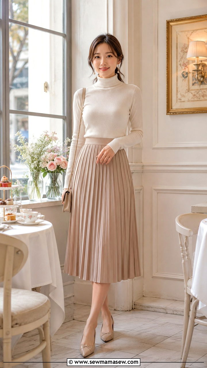 High Waisted Pleated Midi Skirt With Slim Turtleneck - 30 Petite outfit ideas to look taller