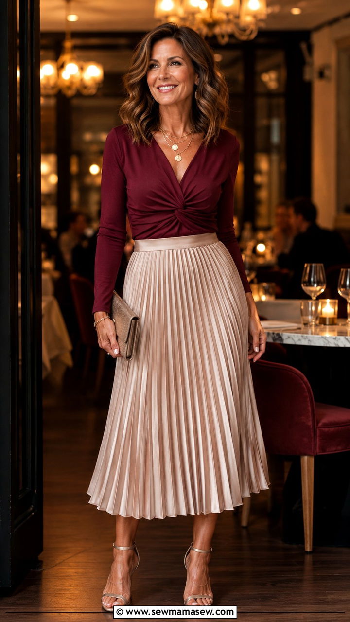High Waisted Pleated Midi Skirt With a Twist Front Top - 25 Outfit ideas for apple shape over 40