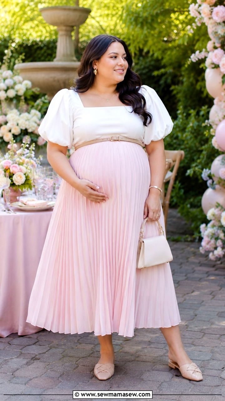 High Waisted Pleated Skirt With Puff Sleeve Top - 30 Plus size outfit ideas for baby shower