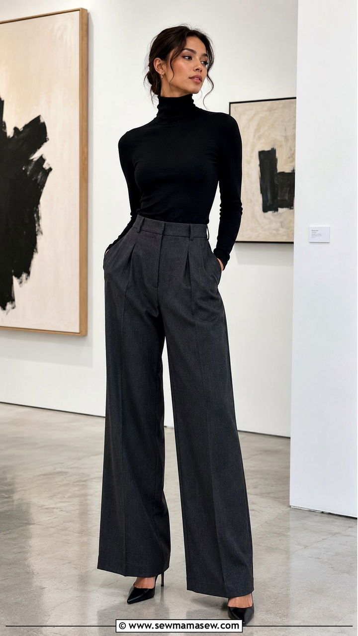 High Waisted Pleated Trousers with Slim Fit Turtleneck - 30 Outfit ideas for long legs