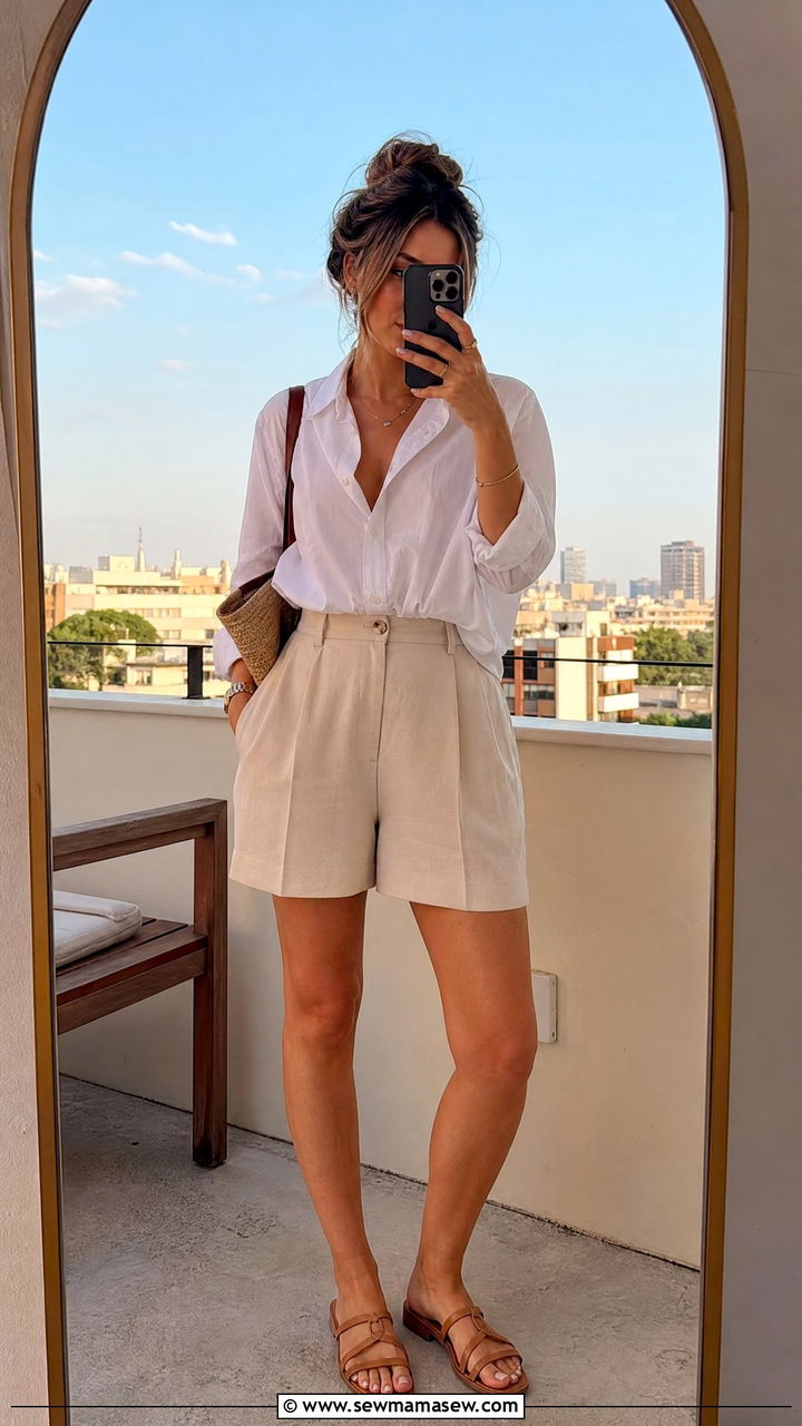 High Waisted Shorts With Button Up Shirt - 30 cute dinner outfits