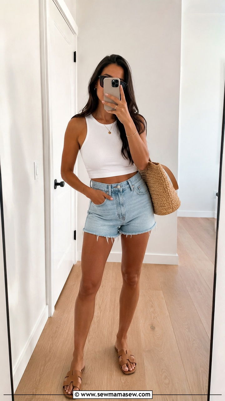 High Waisted Shorts With Cropped Tank And Sandals - 20 Summer outfits for 80 degree weather