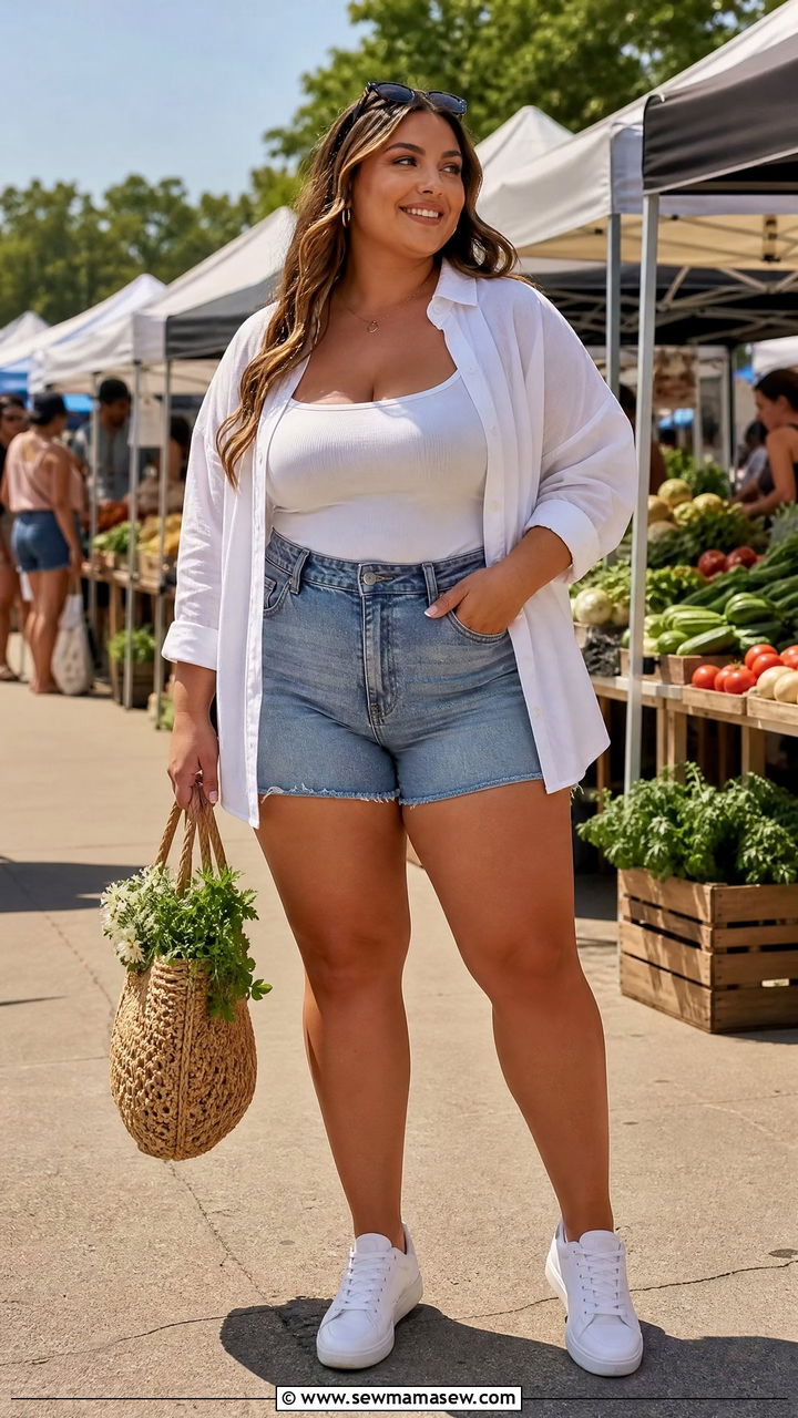 High Waisted Shorts With Relaxed Button Down - 30 summer outfits for plus size women