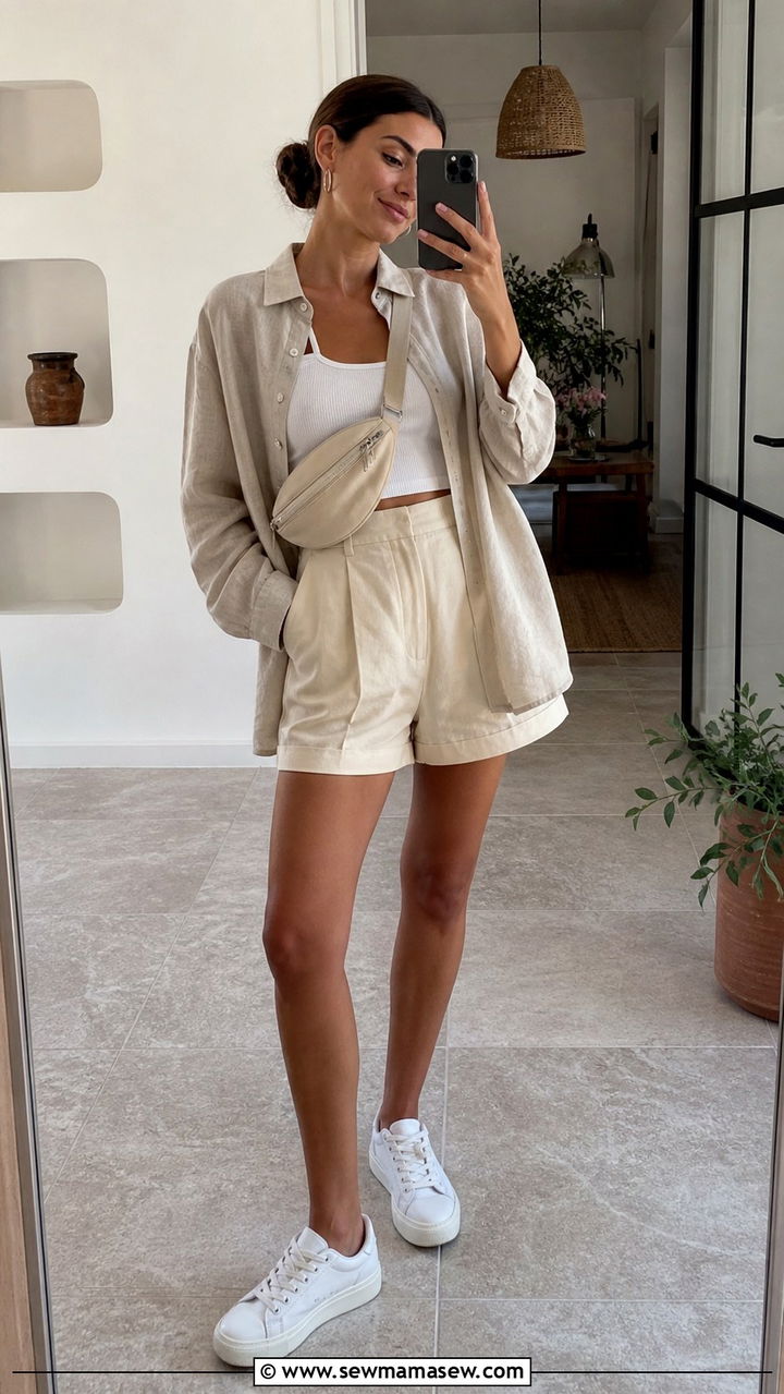 High Waisted Shorts and Linen Shirt Antalya Outfit - 20 Antalya outfit ideas