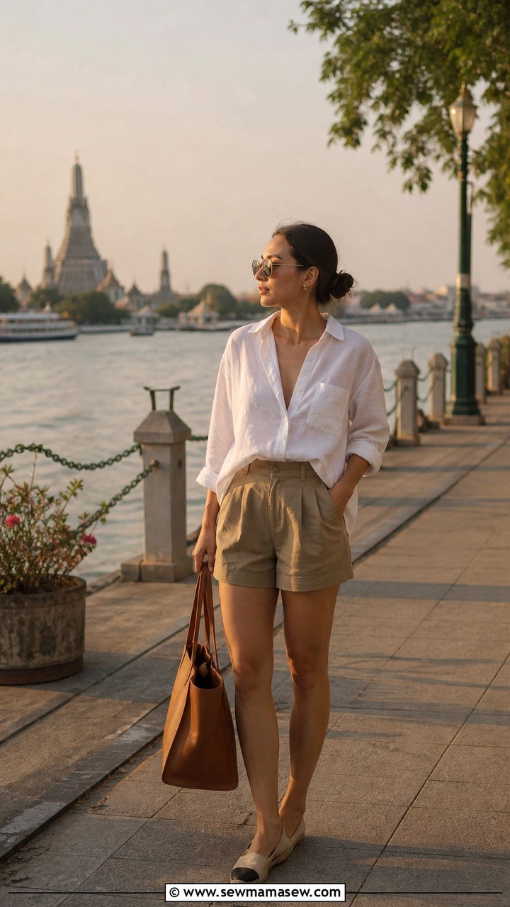 High Waisted Shorts and Oversized Linen Shirt for Riverside Walks - 40 What to wear in Bangkok