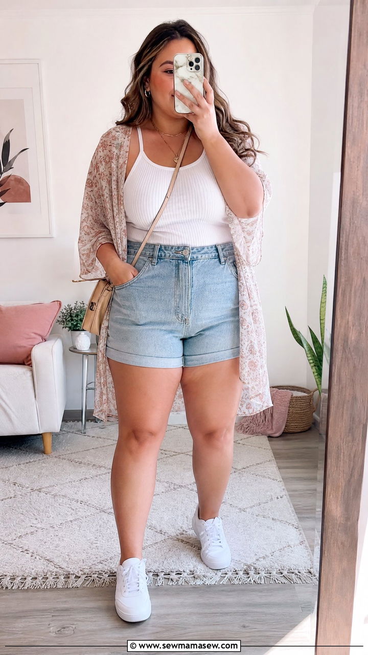 High Waisted Shorts and Ribbed Tank Top - 30 Summer outfits for plus size