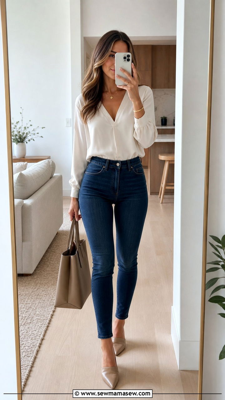 High Waisted Skinny Jeans With A Tucked Blouse - 25 Cute outfits for hourglass figure