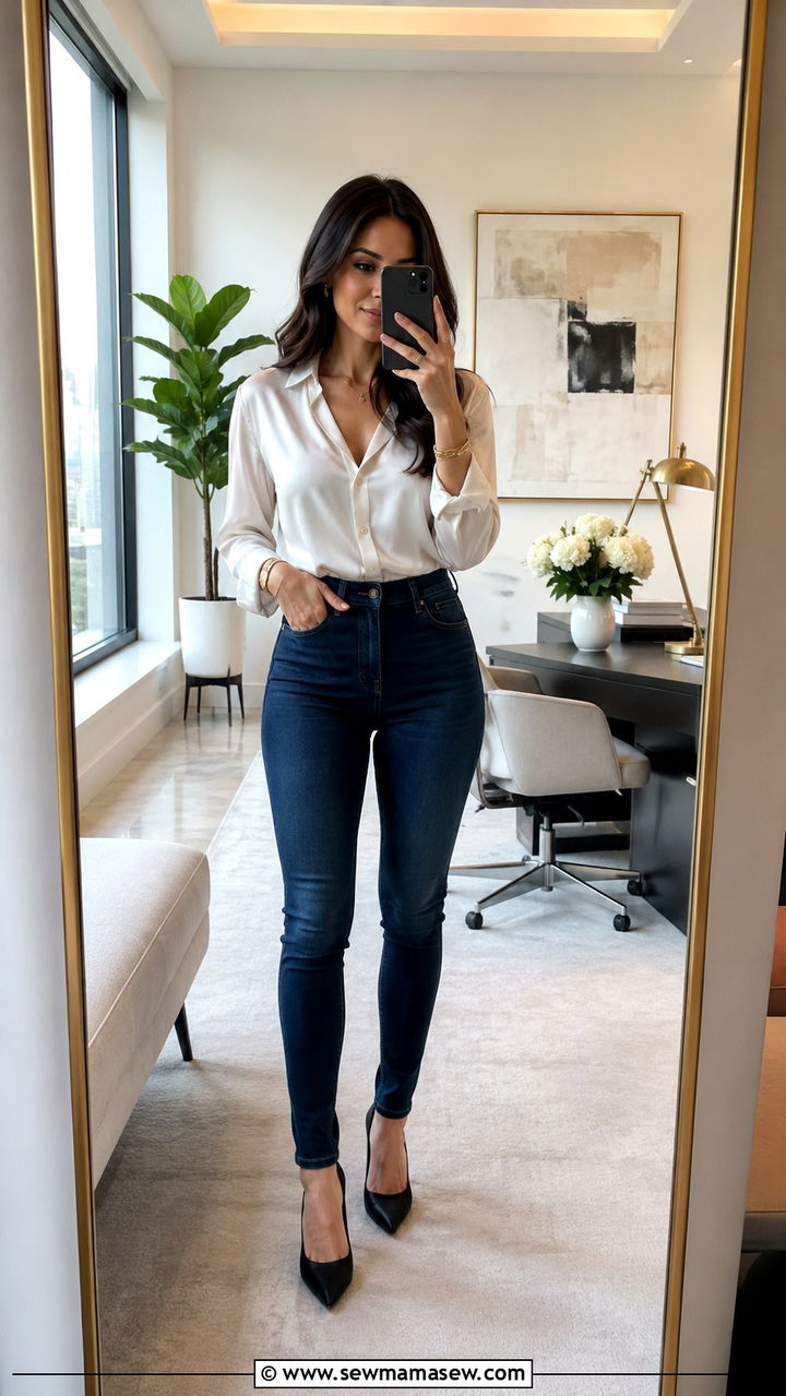 High Waisted Skinny Jeans With Pointed Toe Pumps - 30 Outfit ideas for short legs