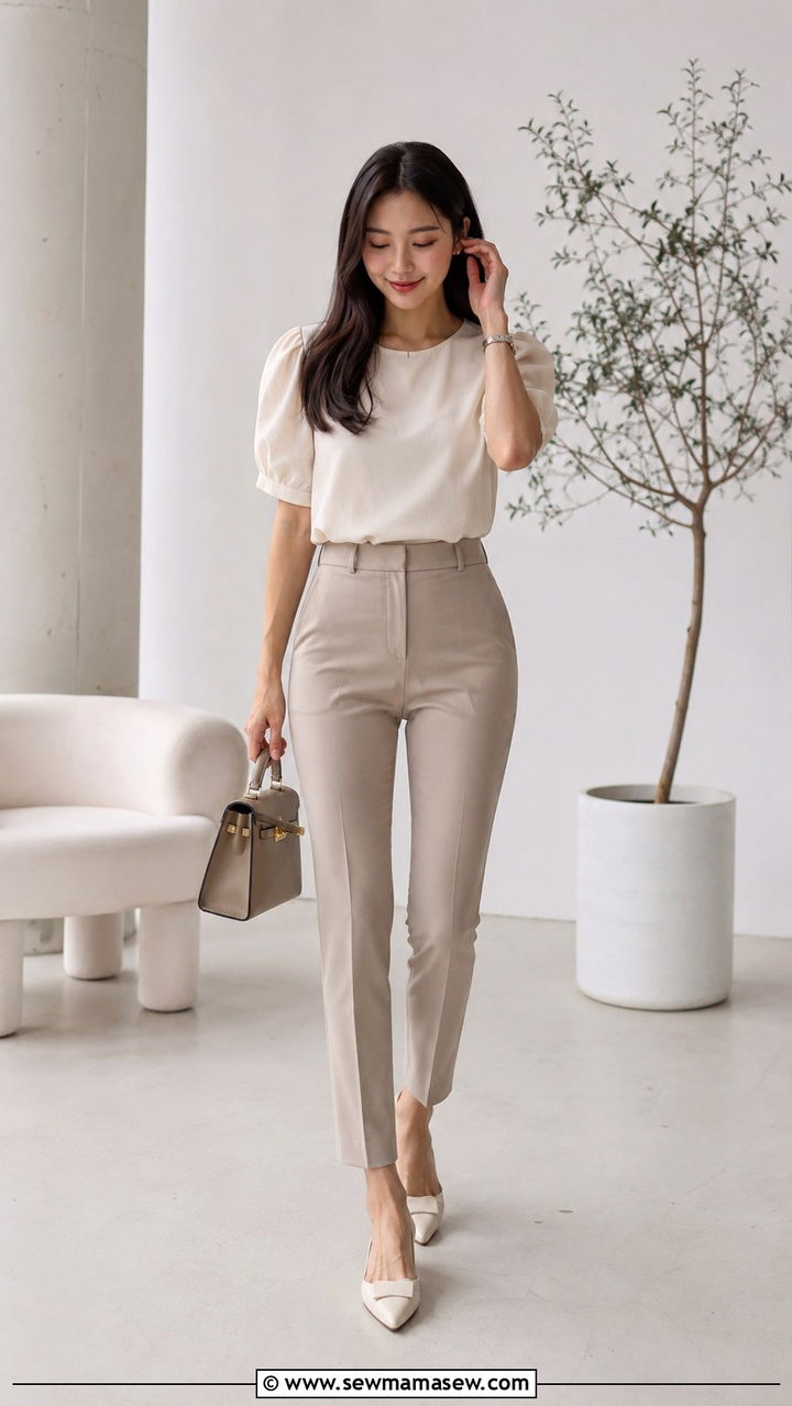 High Waisted Slim Trousers With Puff Sleeve Top - 30 Petite work outfit ideas summer