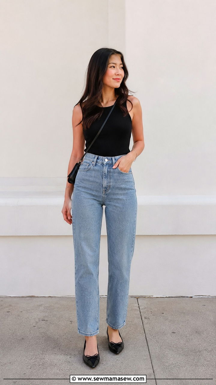 High Waisted Straight Jeans With a Tucked In Bodysuit and Pointed Flats - 20 Petite outfit ideas 5'4