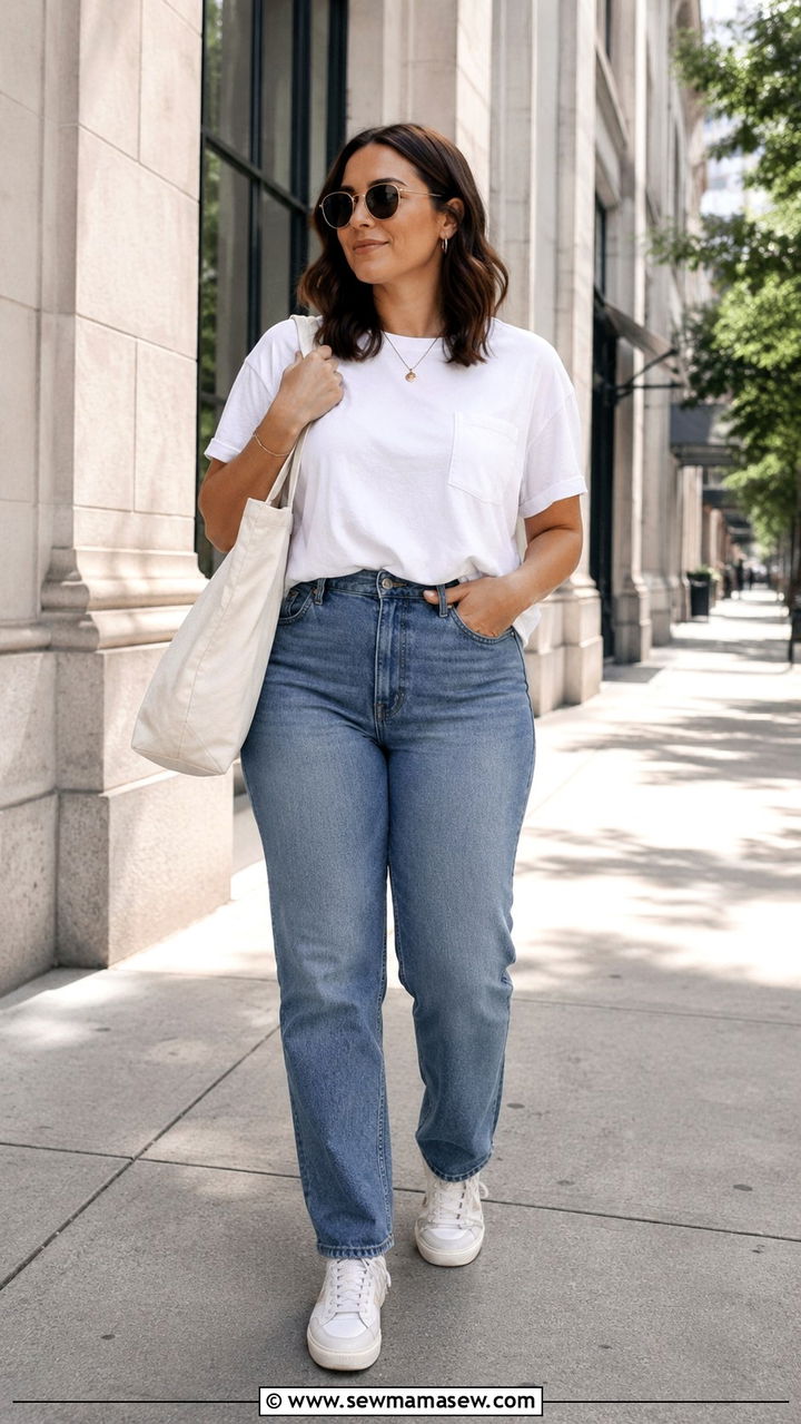 High Waisted Straight Jeans and Relaxed Tee Outfit - 30 casual outfits for midsize women