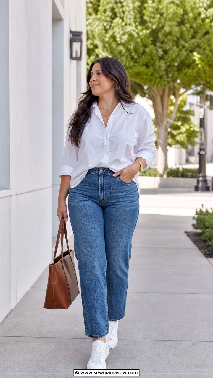 High Waisted Straight Leg Jeans With A Button Down Shirt - 25 Outfit ideas for curvy lower body