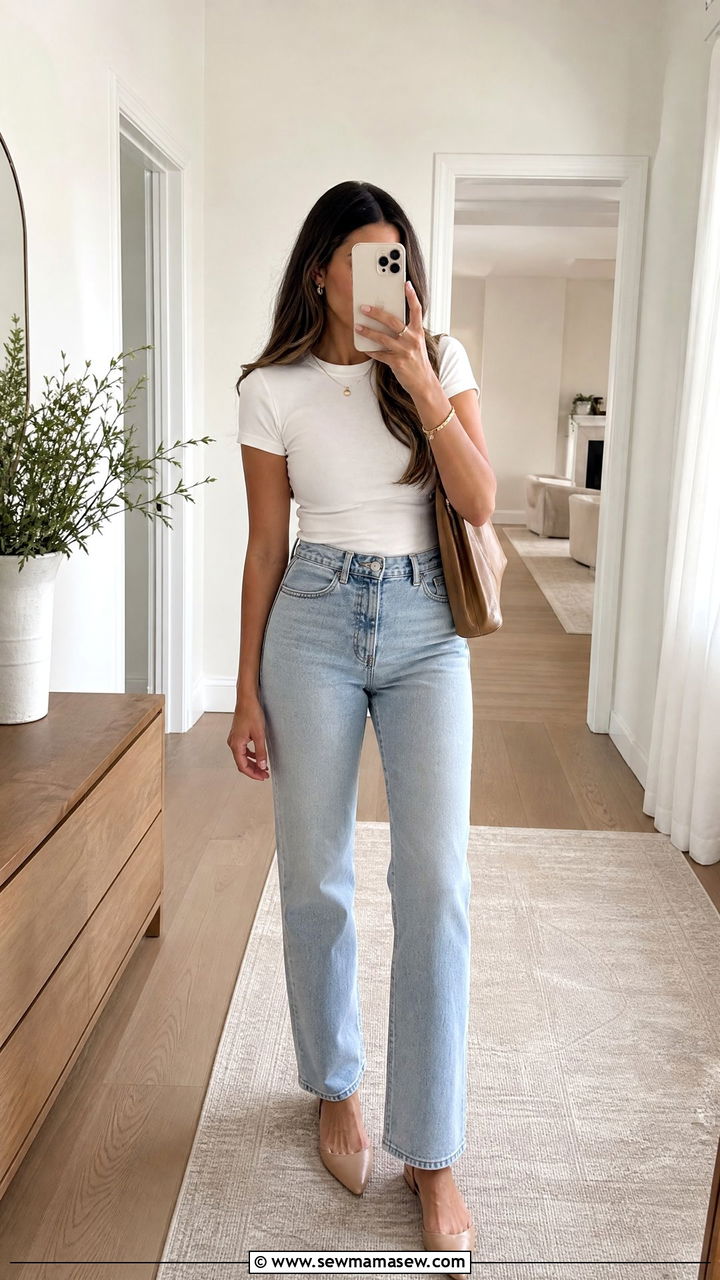 High Waisted Straight Leg Jeans With Nude Pointed Toe Flats - 25 Outfit ideas to elongate legs