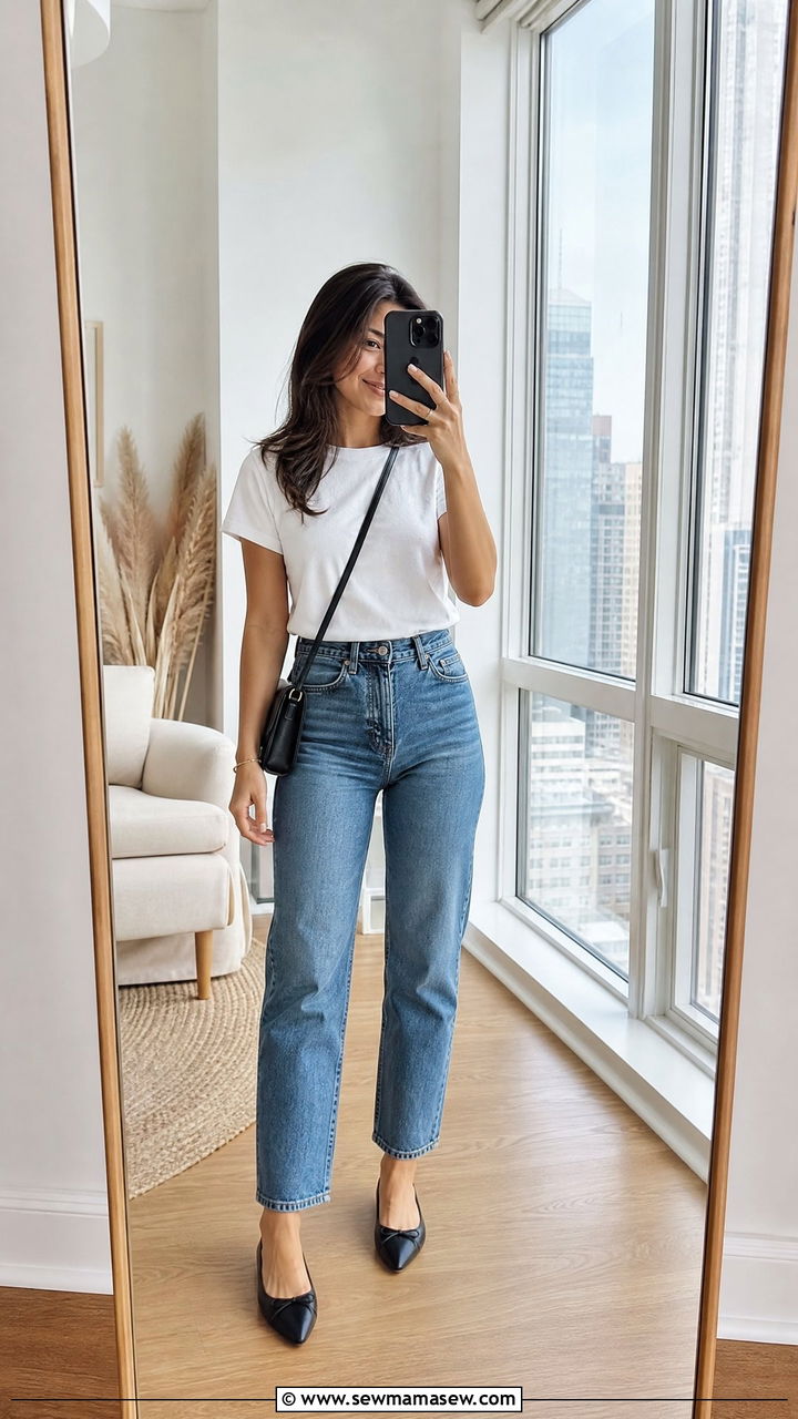 High Waisted Straight Leg Jeans With Pointed Toe Flats - 25 Petite jeans outfit ideas with flats