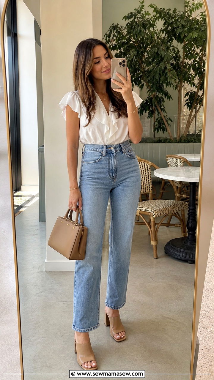 High Waisted Straight Leg Jeans with Ruffled Blouse - 40 Mother's Day brunch outfit ideas 2026