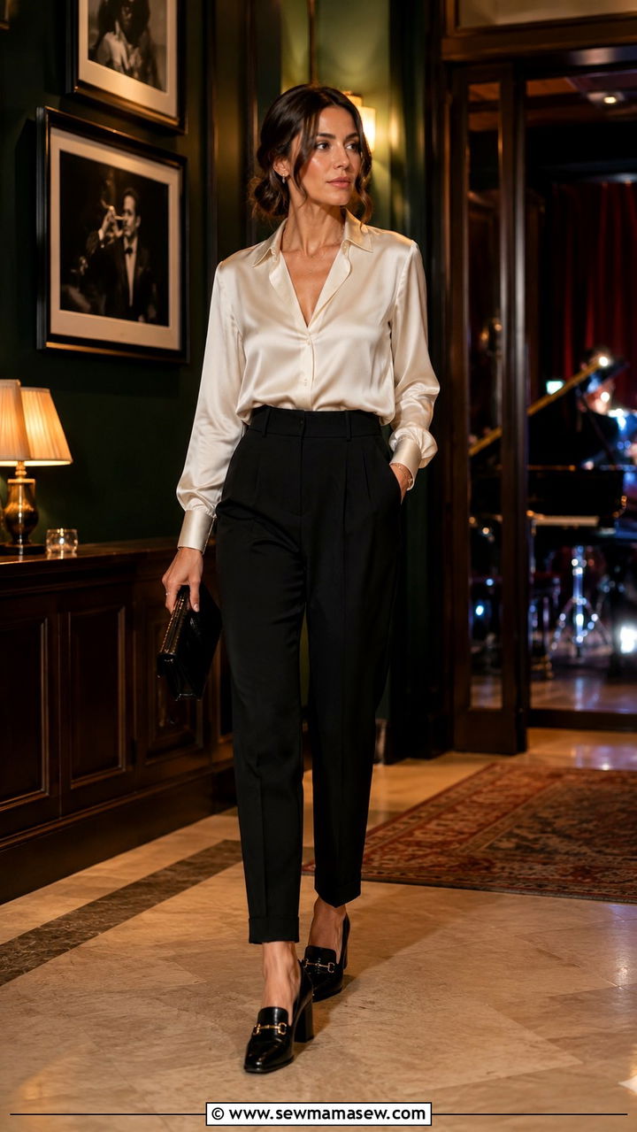 High Waisted Tailored Trousers With Silk Blouse And Heeled Loafers - 30 modest girls night out outfit ideas