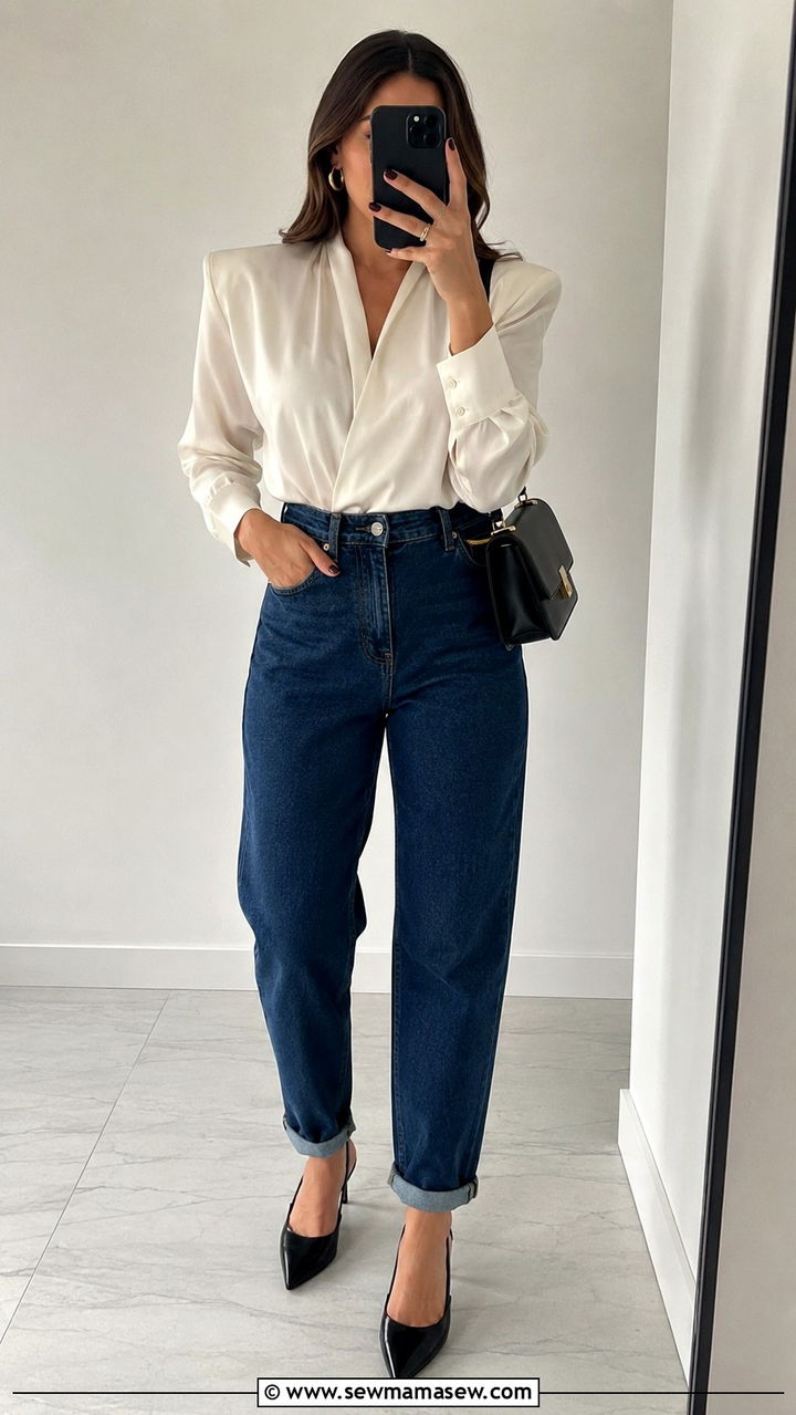 High Waisted Tapered Jeans With Strong Shoulder Silk Blouse - 25 80s luxury outfit ideas 2026