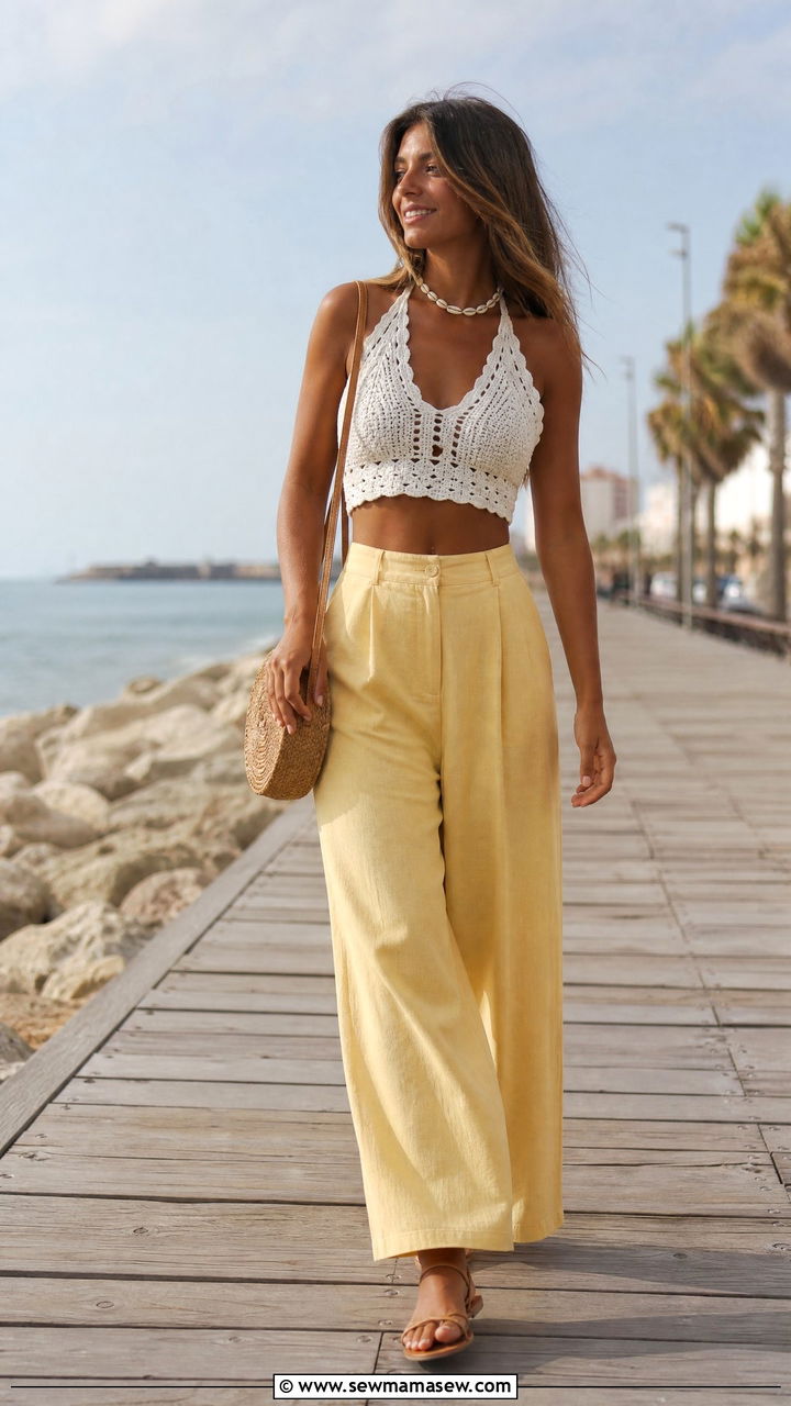High Waisted Trousers With A Crochet Crop Top - 30 summer trousers outfit ideas