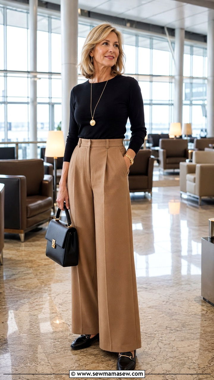 High Waisted Trousers With Fitted Knit Plane Outfit Over 50 - 25 What to wear on a plane over 50