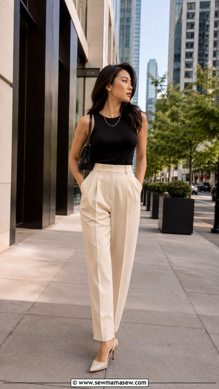High Waisted Trousers With Fitted Knit Tank - 20 Petite outfit ideas 5'1