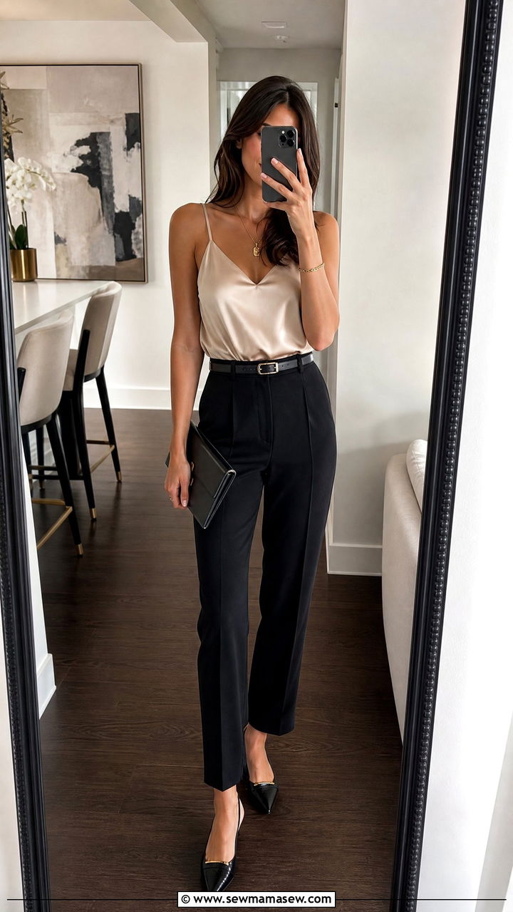 High Waisted Trousers With Satin Camisole - 30 Bottomless brunch outfit ideas